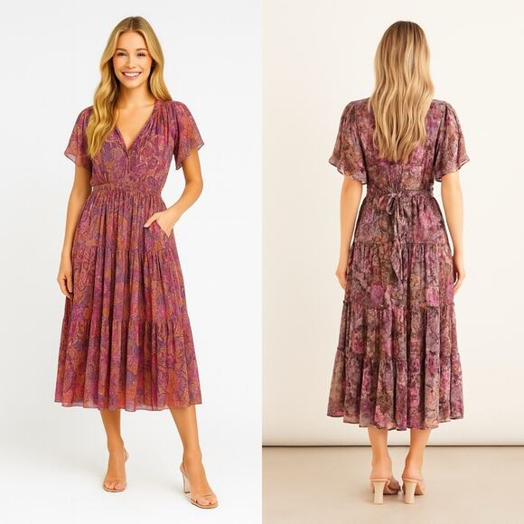 MISA Ilya Tiered Dress Short Flutter Sleeve Chiffon Augusta Batik Size Small NEW - Picture 1 of 13